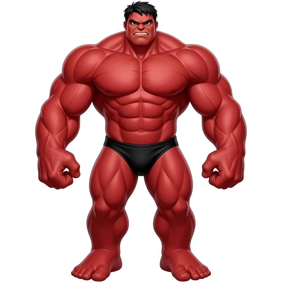 Massive very tall muscular red Hulk in black bikini full body image realistic emoji