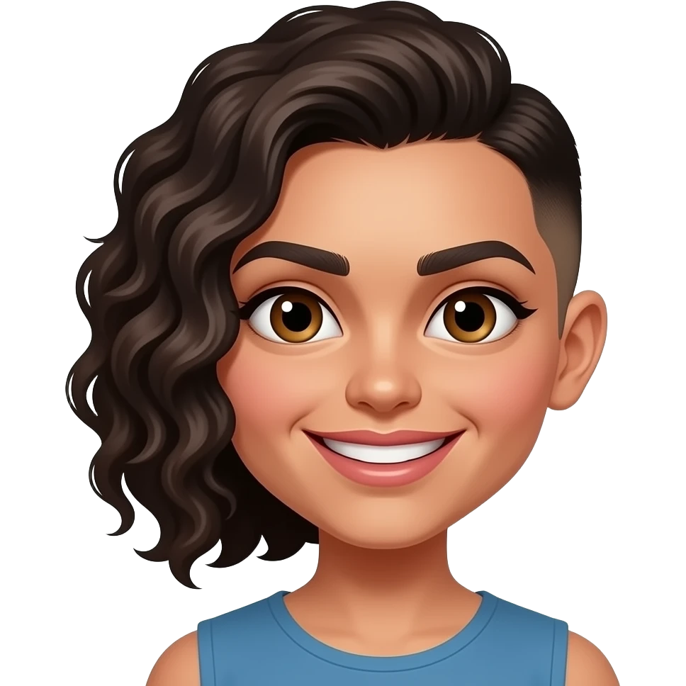 Mexican girl brown eyes with only one side of hair thats curly and the other side she has a buzz cutand make sure that it looks like a girl and a big forehead with lip gloss and a widebig creepy smile emoji