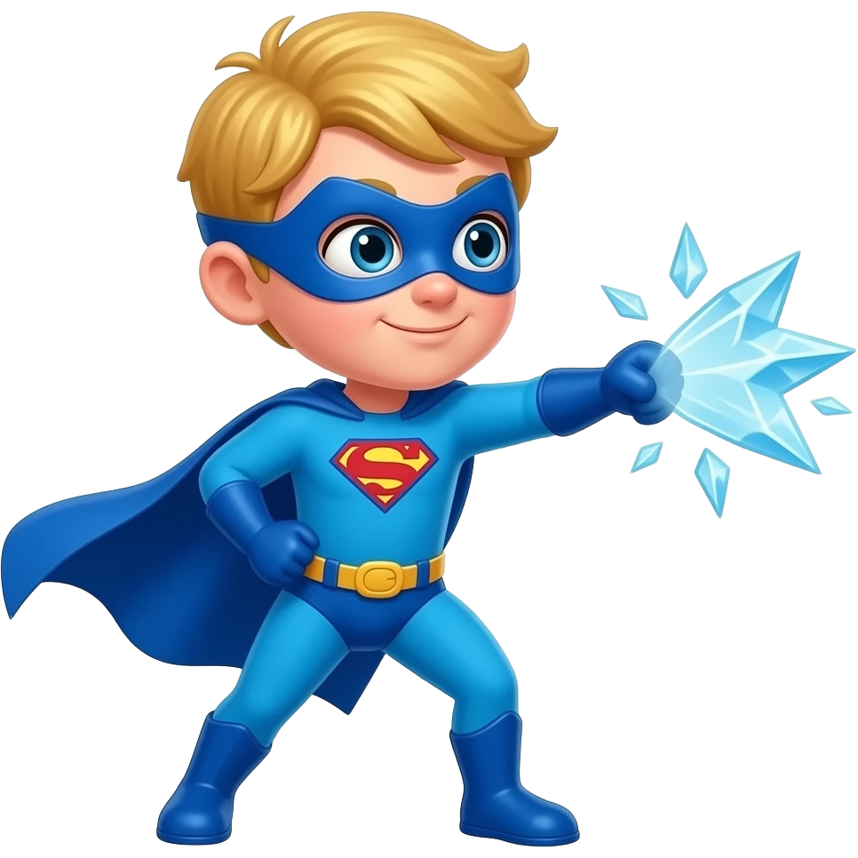 quiero que me hagas a un superheroe con el pelo rubio mascara azul i con un traje azul que sea una niño que este tirando hielo con la mano mirando para la derecha sin orejas emoji