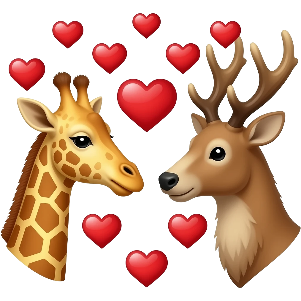 Einfacher Giraffenkopf und Elchkopf schauen sich an mit vielen Herzchen emoji