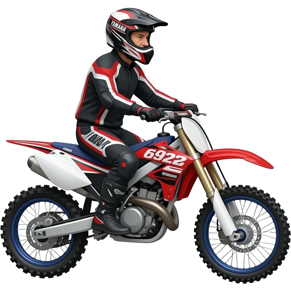 offroad Yamaha 690cc motorcycle red black & white with older man with no beard in helmet riding emoji