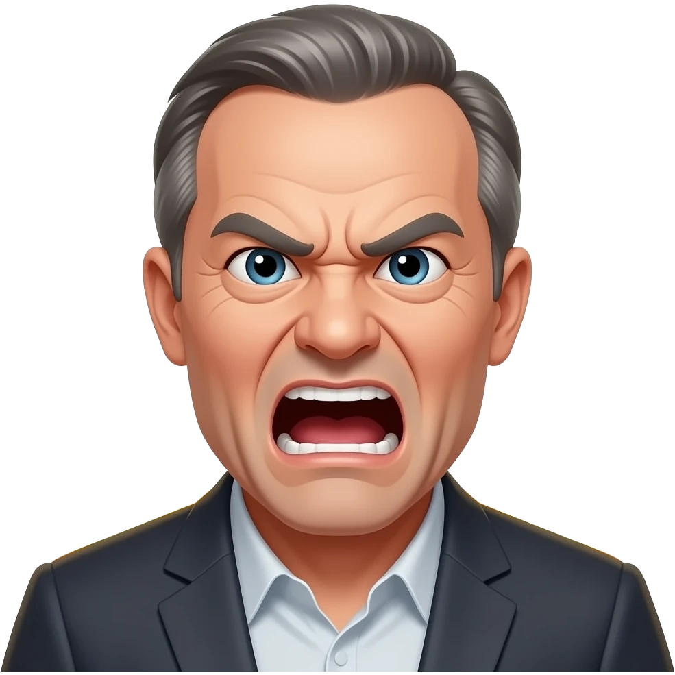 older thin man, receding hairline, angry shouting expression, clenched teeth, background subtle flames behind him, head-and-shoulders portrait, centered, 3D glossy emoji style, clean background emoji