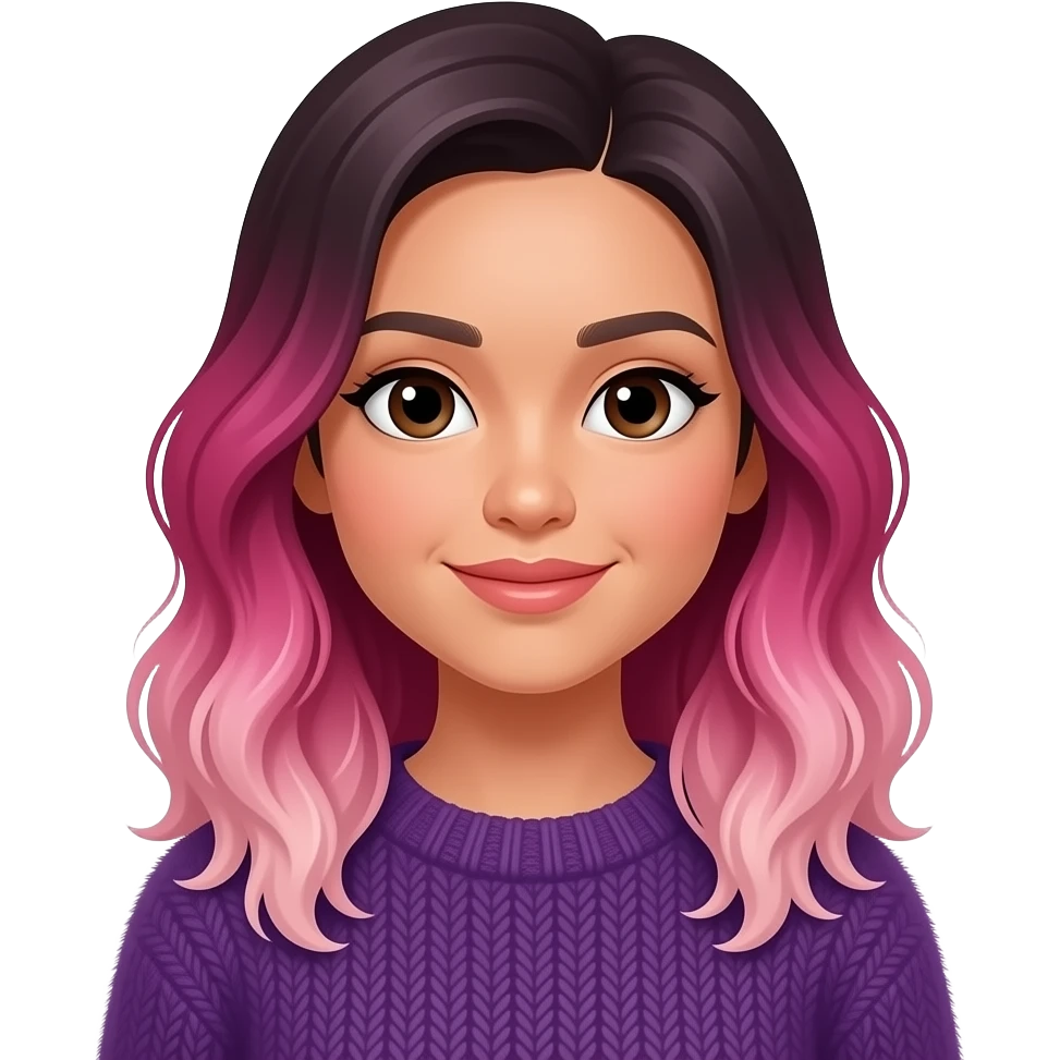 medium skinned vietnamese woman with dark brown medium eyes with slightly wavy ombre hair that is magenta at the top fading to light pink at the bottom, wearing a deep gray-violet fluffy sweater emoji