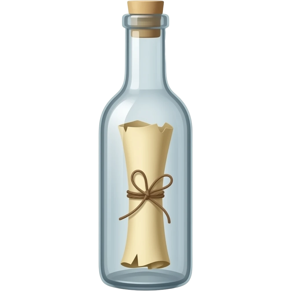 A tall, thin glass bottle containing a rolled-up message on an old piece of paper, positioned so that the message is located exactly in the center of the bottle. emoji
