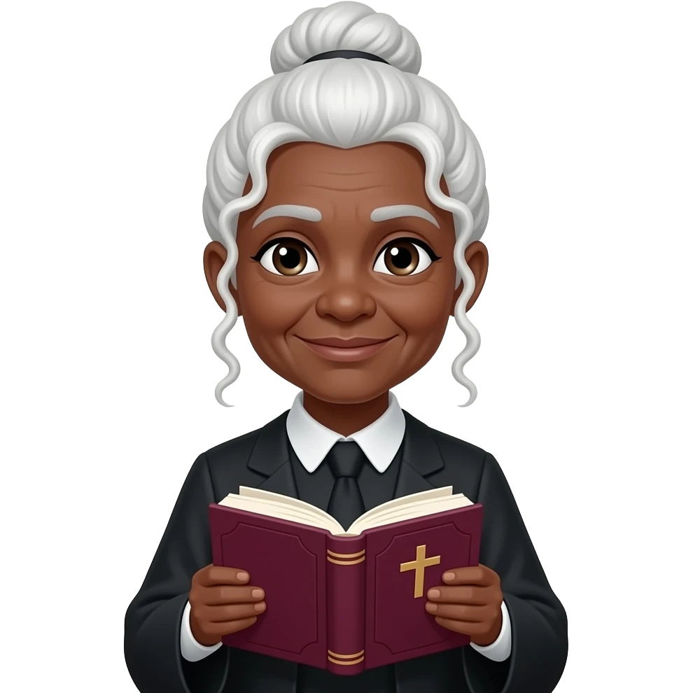 wise old woman with white hair tendrils in a bun black skin with burgundy book that has a cross on it emoji
