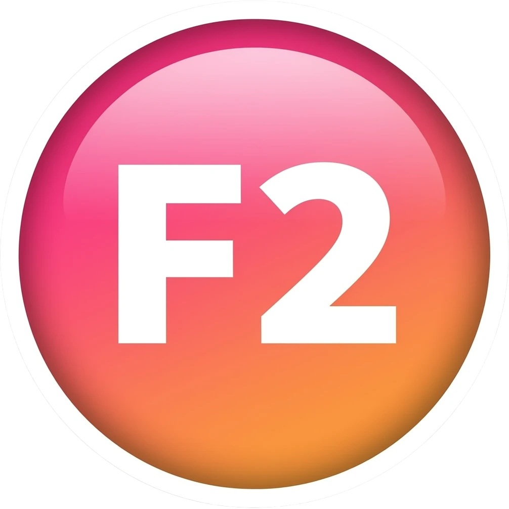 A cute round emoji sticker, "F2" written in playful bold font in the center, pastel color gradient background (pink to orange), soft shadow, cartoon style, kawaii aesthetic, circular shape, clean edges, white outline border emoji