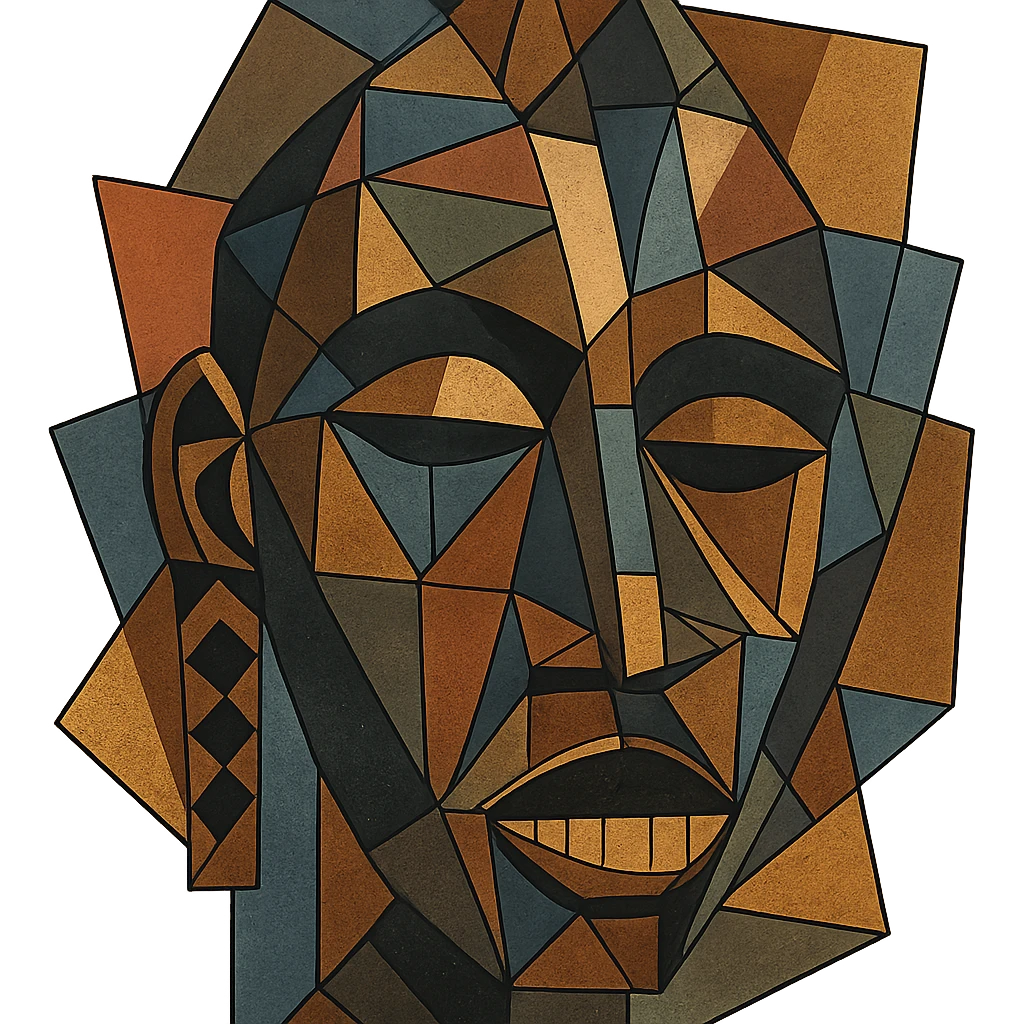 African mask, bold geometric patterns, stylized emoji