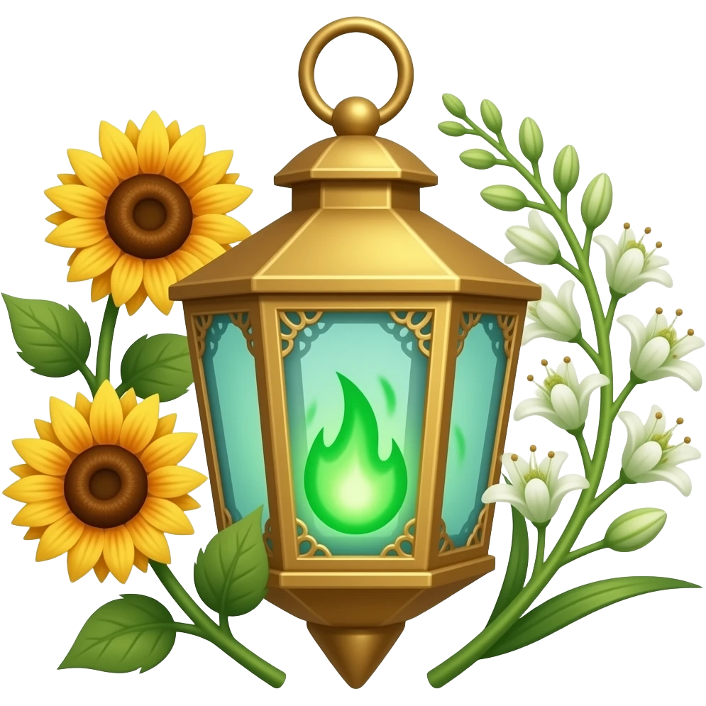 A golden hanging lantern with a bright emerald green flames, an empty loop on top, fae filigree themed sunflowers on the left and asphodels on the right as part of the design, but simple focus more on the green flames, paint the glass more green, have its bottom point come to some sort of point emoji
