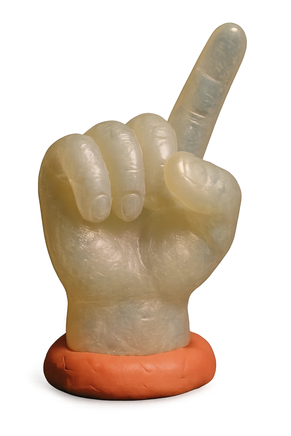 hyper-realistic, highly detailed hand with pointer finger extended, made of clear, transparent, slightly cloudy skin resembling a soft, squishy 90's plastic toy or gummy, soft reflections, retro vibe, plastic texture soft and appealing, almost edible look, intricate details, high-quality, awesome appearance, no background transparent emoji