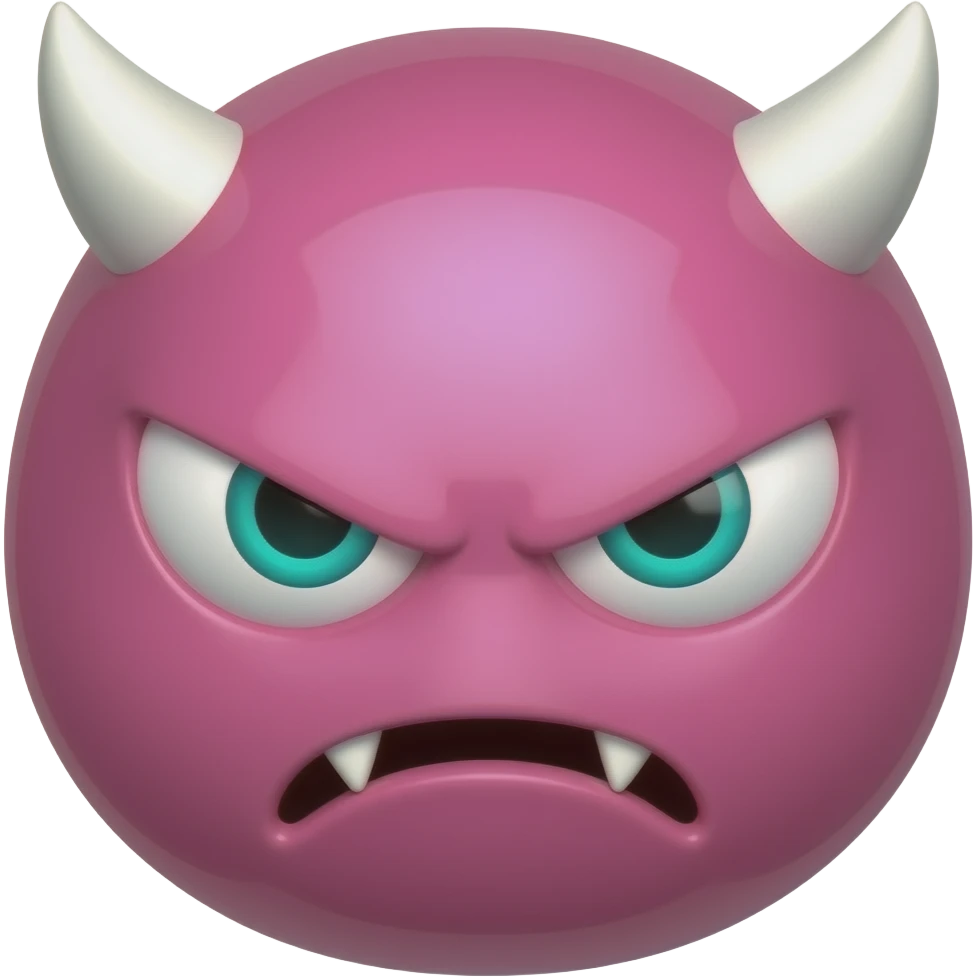 Glossy pink devil emoji with small white horns, sharp teal eyes, and tiny triangular fangs, giving an angry, mischievous expression. emoji