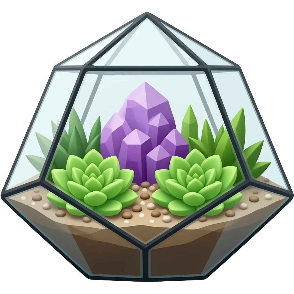 Mini succulents geometrical terrarium with amethyst cluster inside emoji