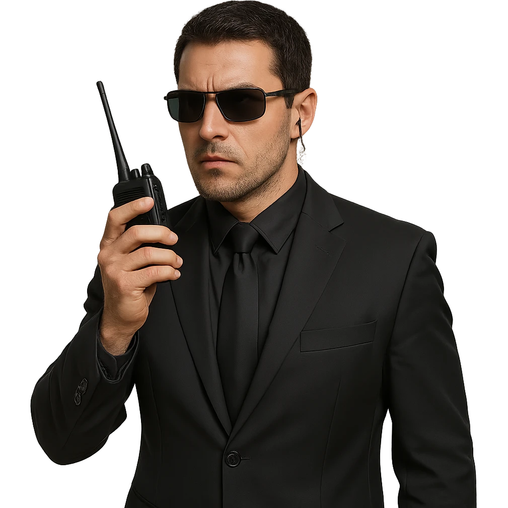 bodyguard holding a walkie-talkie, wearing black suit and sunglasses, alert expression emoji