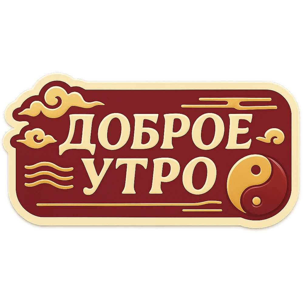 elongated horizontal banner with text 'Доброе утро', retro sticker style, burgundy background, beige letters, minimalist feng shui ornament with waves, clouds, yin-yang circles, harmonious lines, soft shadows, transparent background emoji