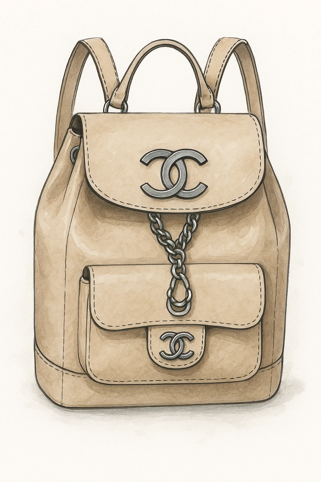 Chanel Urban Backpack, beige leather, silver accents, CC logo, stylish and contemporary, fashion illustration, white background emoji