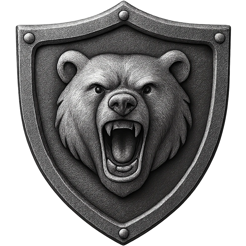 Replace the snake on this steel shield with an angry bear engravement. Keep the elegant silver engravings, crisp, shiny, and slightly fancier than iron. The shield should look realistic metallic steel. The style should resemble emoji style. Transparent background. emoji
