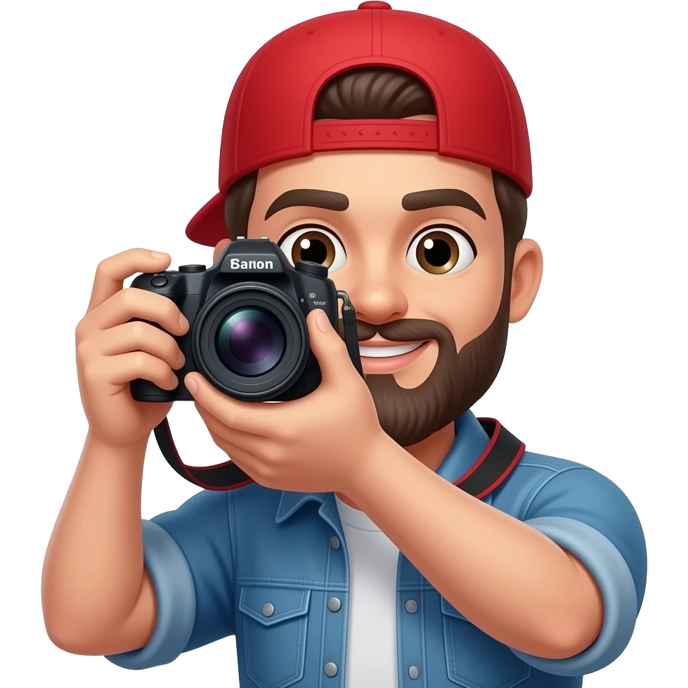 Dark haired, bearded guy in a red cap with a camera emoji