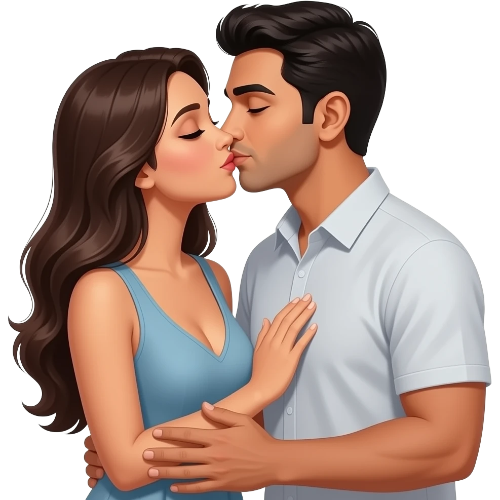 Husband kissing wife lovingly Indian couple modern casual dress. Husband hand on wife chest. Lady low neck, husband no beard no moustache emoji