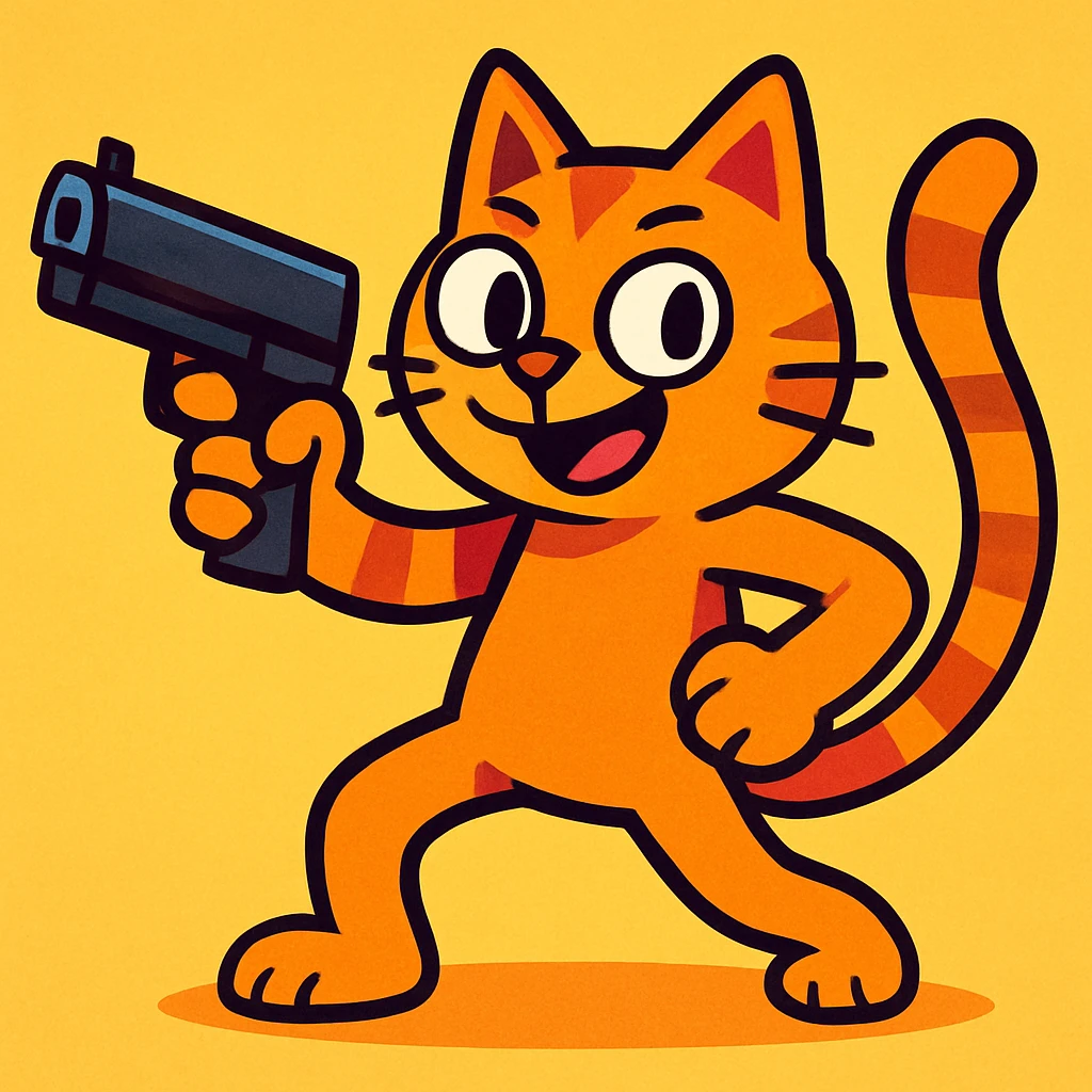 a cat holding a gun, fun and playful style, vibrant toon cartoon emoji