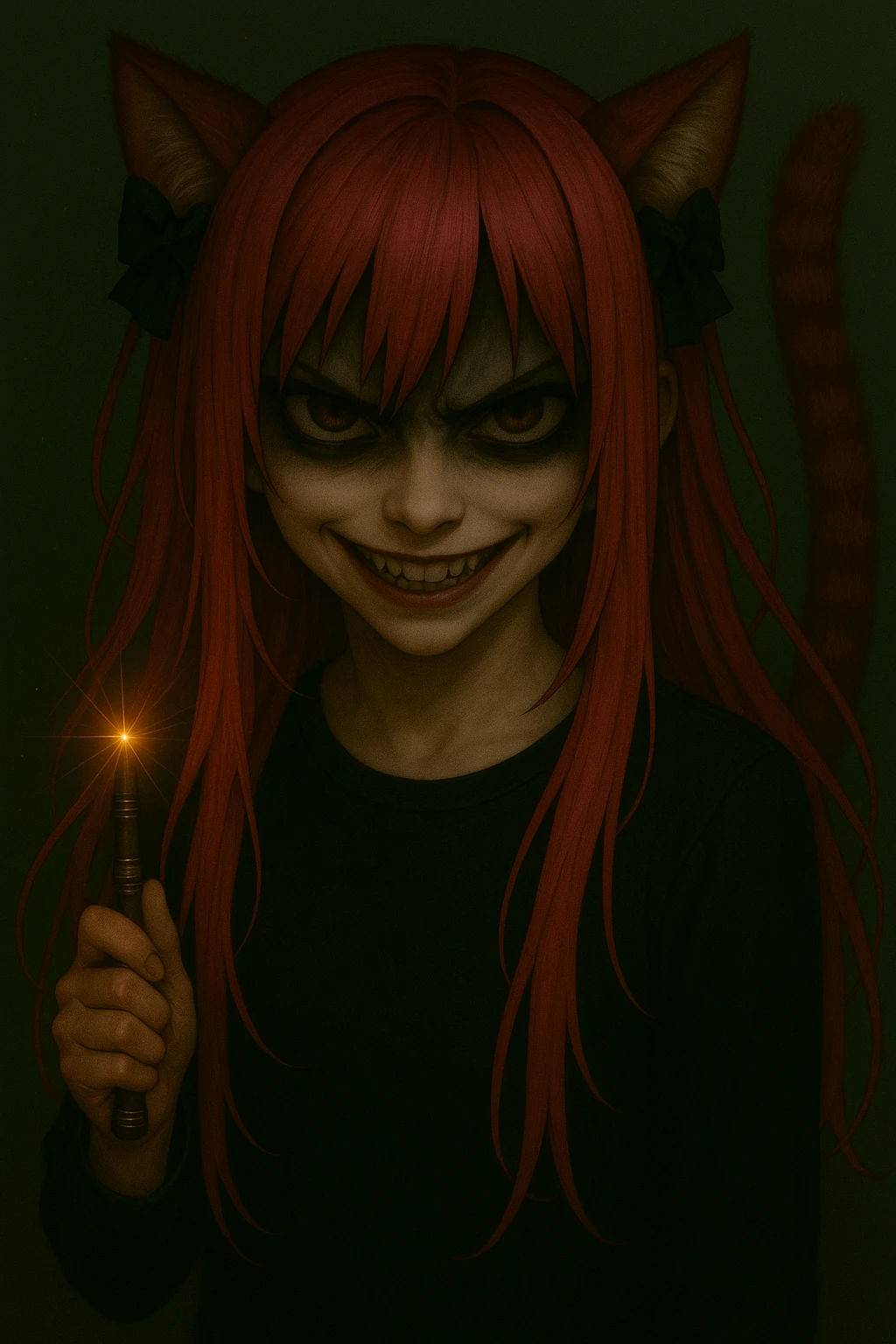 Change the facial expression to scary with intense eyes, a sinister smile, and a slightly menacing vibe, while keeping the emo style, pink hair, magical accessory, and sparkles in a realistic anime style. emoji