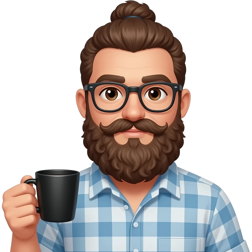 hipster with glasses and curly mustache and a man bun holding black coffee emoji