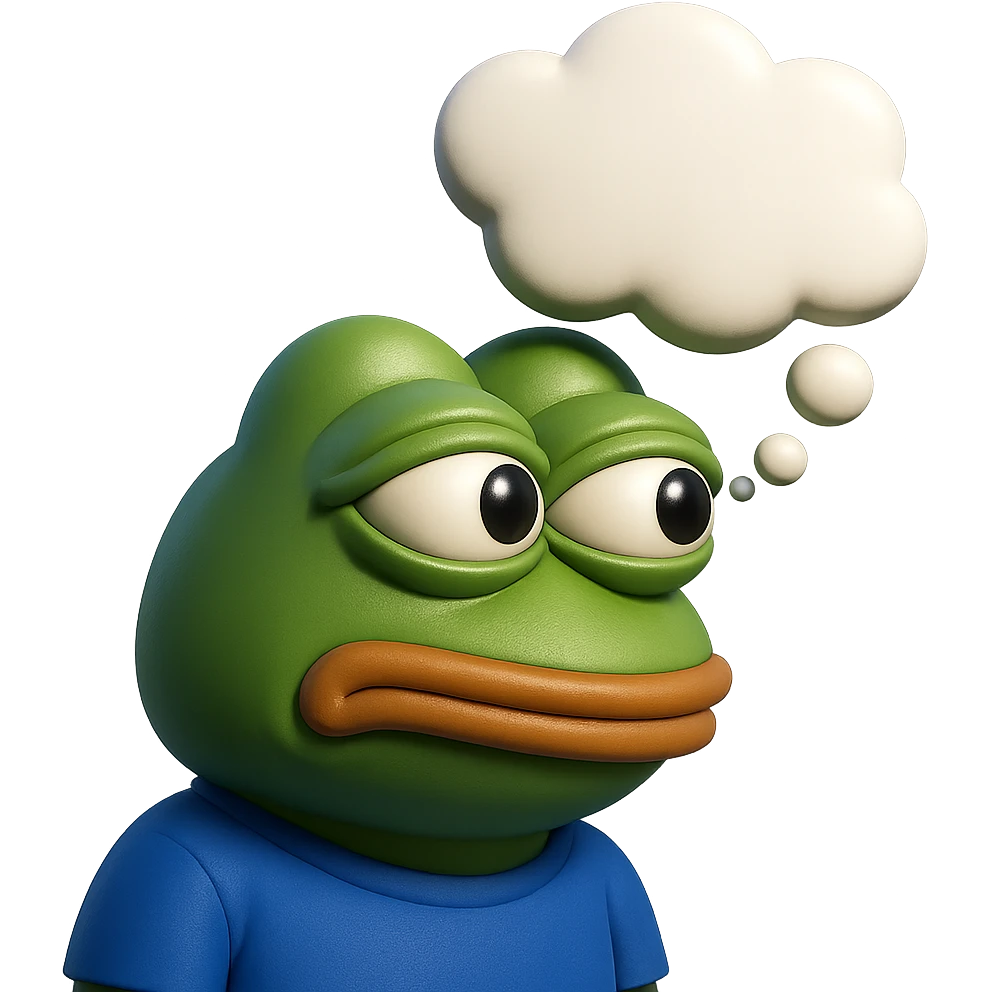 make a pepe with thought bubble looking at left side in 3d style, good highlights and shadows, drop shadows  emoji