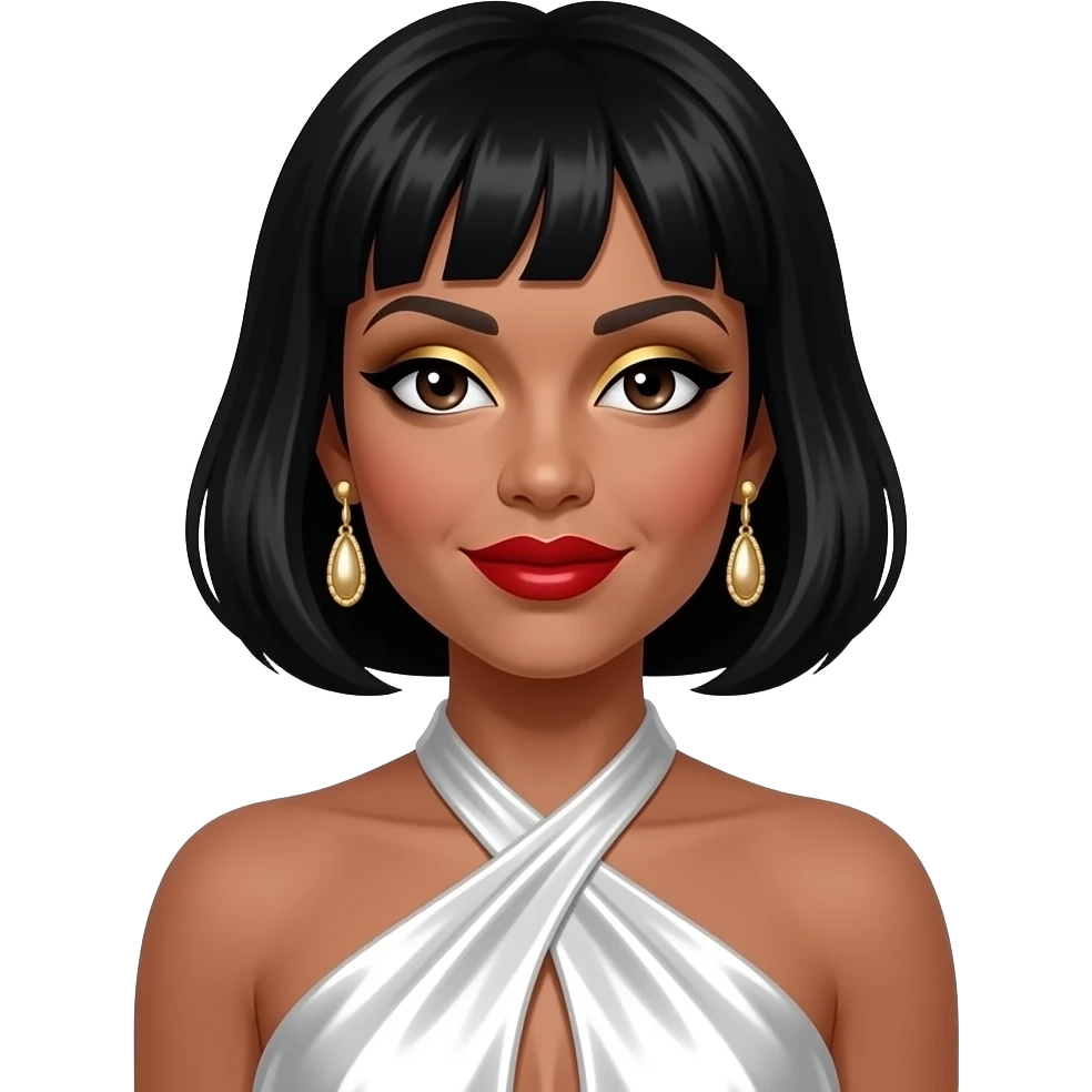 Eartha Kitt with dark brown eyes, black hair, gold eyeshadow, red lipstick, white metallic halter dress, earrings emoji