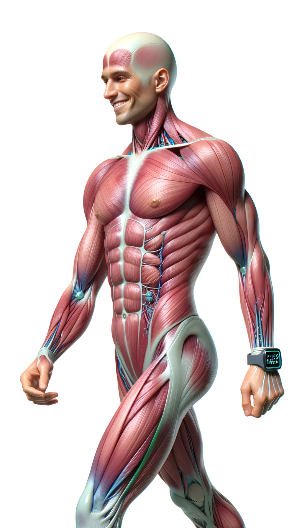corpo umano anatomico sereno e felice che cammina mentre osserva il suo orologio contapassi, colori realistici del corpo, espressione soddisfatta, iperrealistica 4k, isolato su sfondo bianco emoji