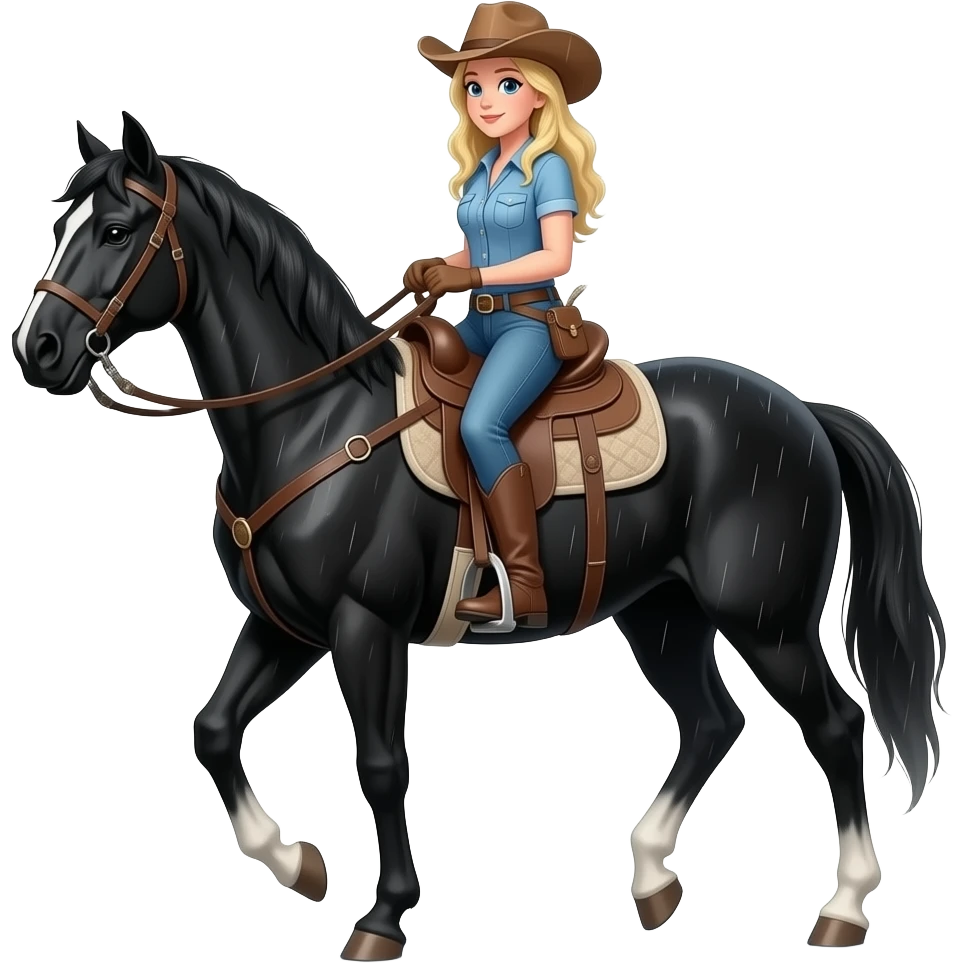 Blonde cowgirl leading black horse in the rain emoji