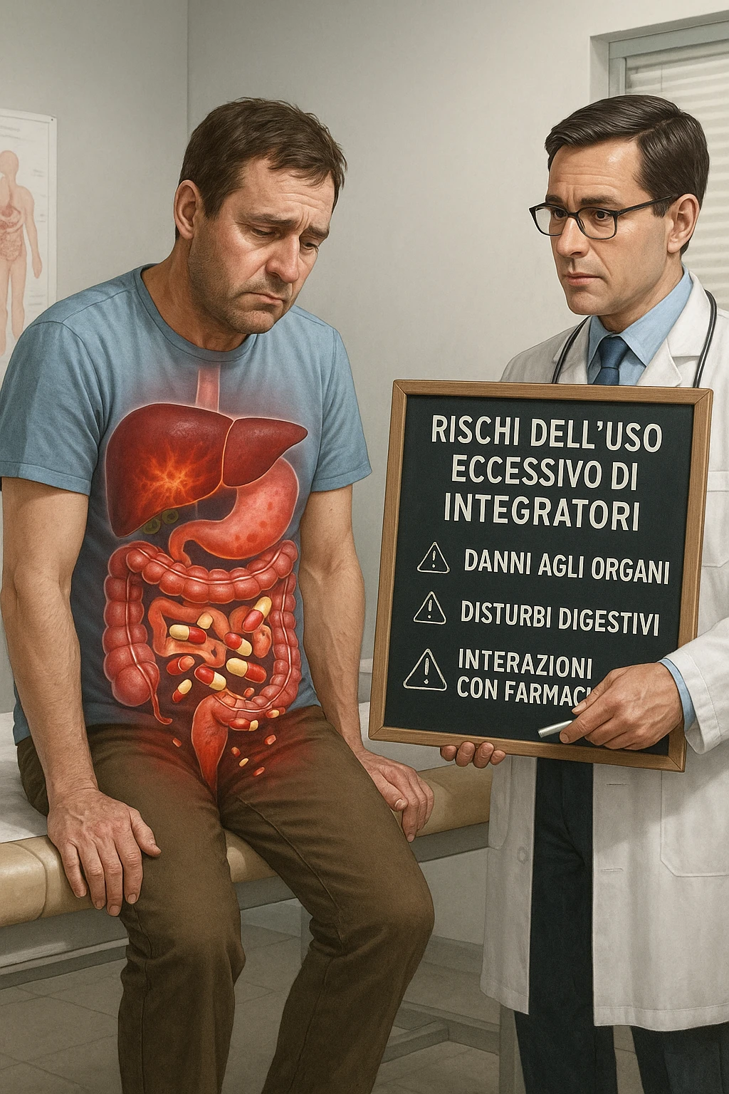 a man sits on a doctor’s examination table, looking fatigued and uncomfortable. A transparent anatomical overlay reveals his liver and intestines, both appearing inflamed and congested, with stylized supplement capsules and pills scattered throughout the digestive tract. The doctor stands nearby, holding a chart that highlights the risks of excessive supplement use. The mood is clinical and educational. in italiano iperrealistica emoji