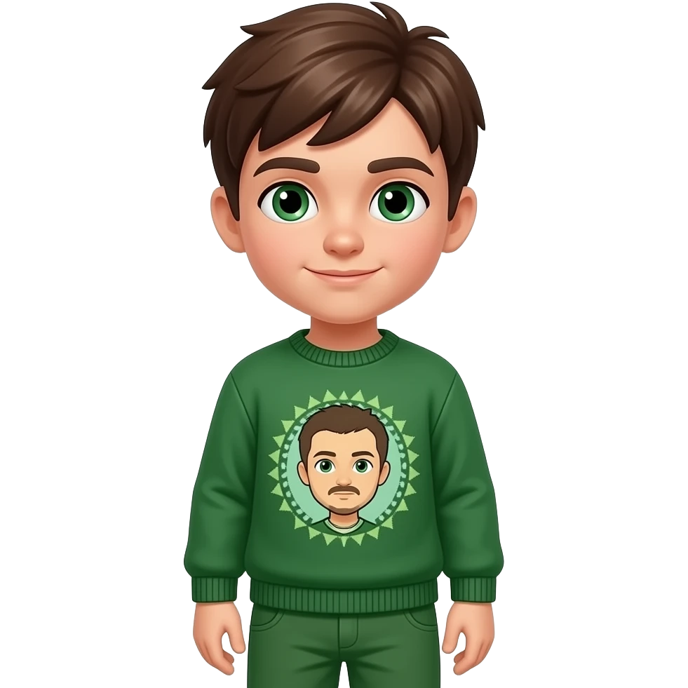 Un niño con un jersey verde, su cara es normal i su nariz también, ojos de color verde pantalones también verdes i el pelo de color marron i que el jersey se a roth face emoji
