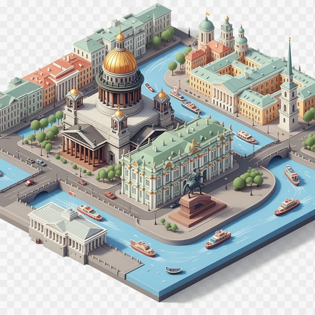 Isometric illustration of Saint Petersburg with the Saint Isaac’s Cathedral, the photorealistic Winter Palace, and the Bronze Horseman statue, toy boats and bridges, in pastel miniature diorama style, transparent background emoji