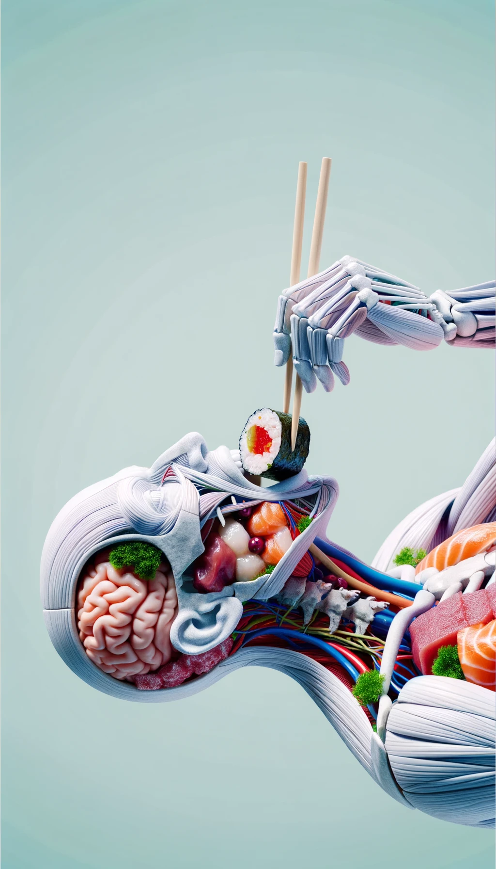 CORPO UMANO ANATOMICO Che mangia sushi crudo, , SFONDO CHIARO, iperrealistico 4k emoji