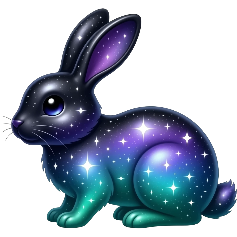 Celestial bunny, black-purple-blue-cyan-green-gradient shimmering shiny galactical starry sparkling, full body emoji