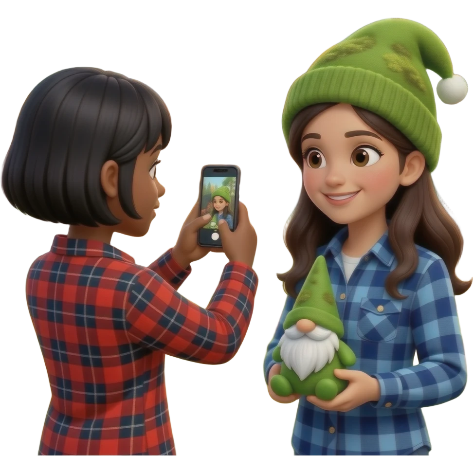 A black girl taking a photo of a spanish girl  holding a small gnome while standing in front of a cabin in the woods. Both wearing flannel emoji