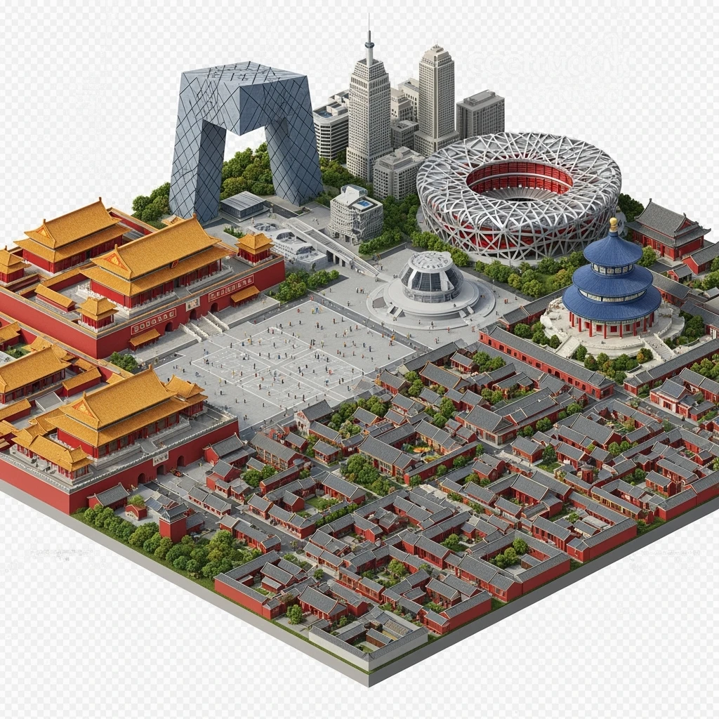 Isometric miniature of Beijing Forbidden City, Tiananmen Square, CCTV Headquarters, Temple of Heaven, Bird’s Nest Stadium and crowded hutong alleys, apartment blocks, 3D miniature effect and Tilt Shift effect, no cartoonish look, transparent background. emoji