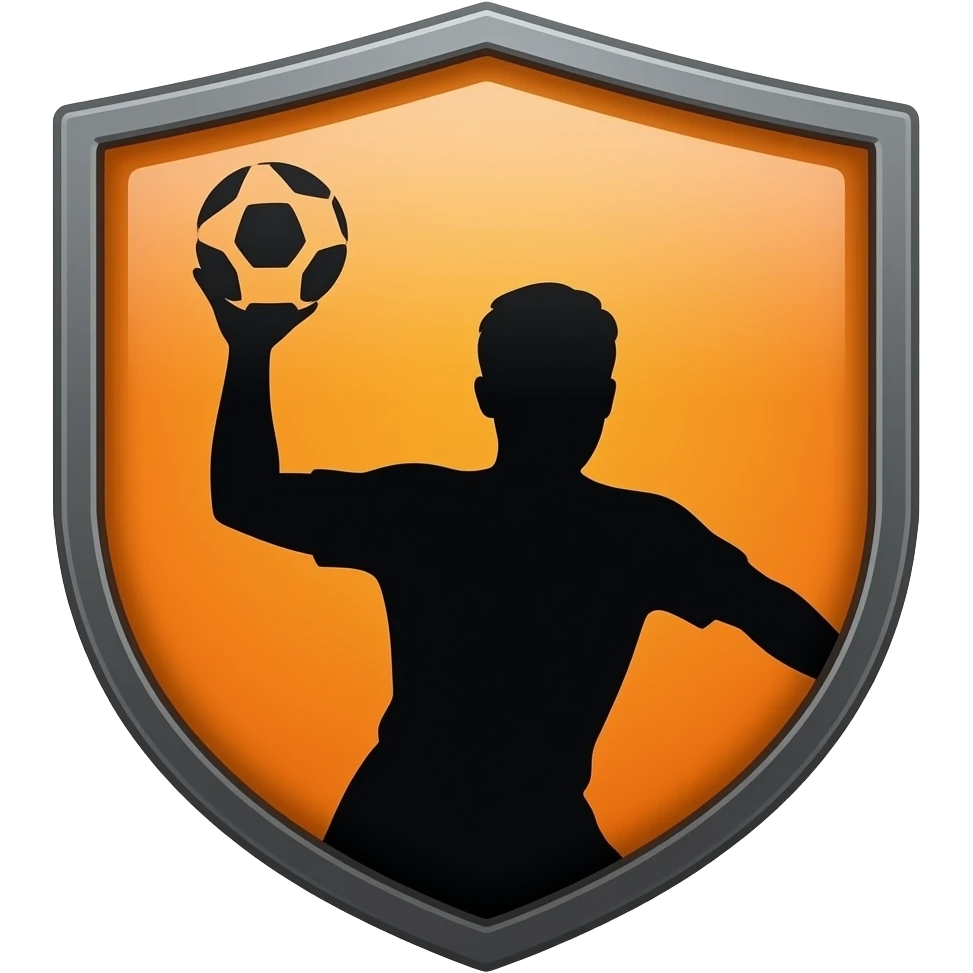 Logo noir et orange avec un handballeur en noir avec un ballon dans la main le logo a une forme de blason emoji