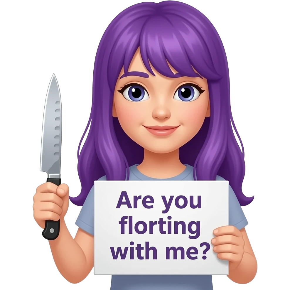 girl with long purple hair with a A KNIFE - Are you flirting with me? sign emoji