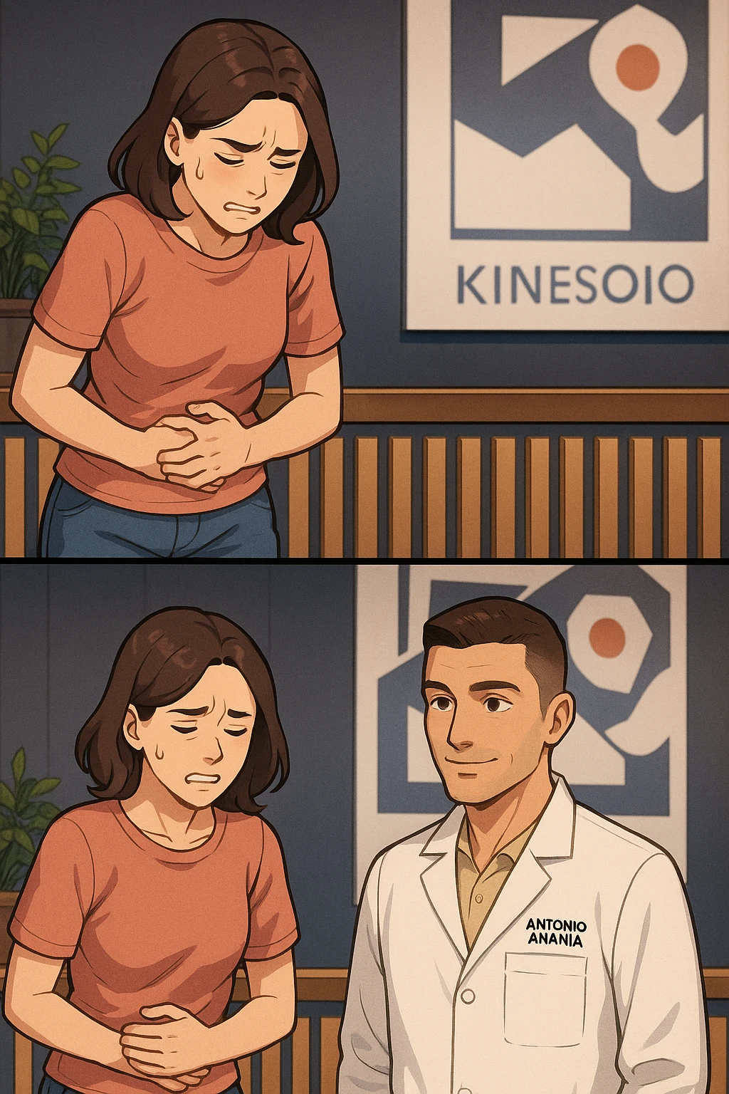 su questo stile fai un manga/webtoon a colori in cui una donna si lamenta che sta male e ha mal di pancia, l'uomo della foto in stile manga gli risponde, mantieni un ambiente simile alla foto che ho allegato con il suo logo (sarebbe il suo studio, lui è un kinesiologo), scrivigli "ANTONIO ANANIA" sul camice bianco, non mettere fumetti, ma fai in modo che sembri che la donna chiede una cosa e l'uomo risponde alla sua domanda emoji