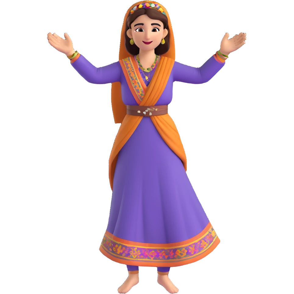 cartoon sticker of a Kurdish woman in traditional female clothing dancing Kurdish dance with hands raised and foot movement, colorful and joyful, no text, suitable for WhatsApp and Instagram emoji