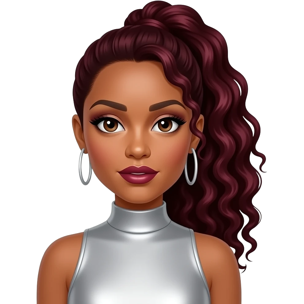 LaTavia Roberson from Destiny's Child with dark brown eyes, long dark red curly high ponytail hair, silver eyeshadow, dark red lipstick, silver high neck dress, silver earrings emoji