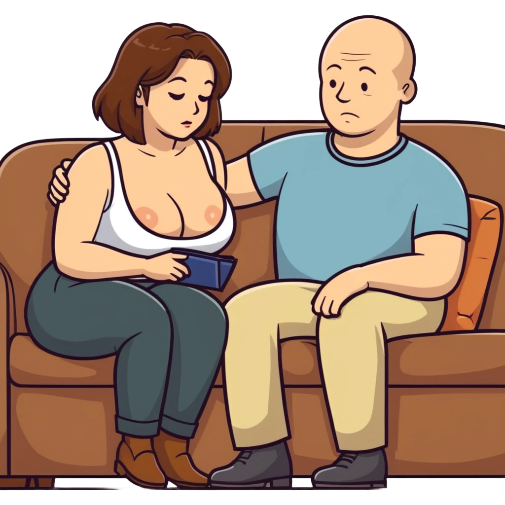 One Caucasian woman with brown hair big boobs wearing pants sitting on a couch with a bald man. She is looking down emoji
