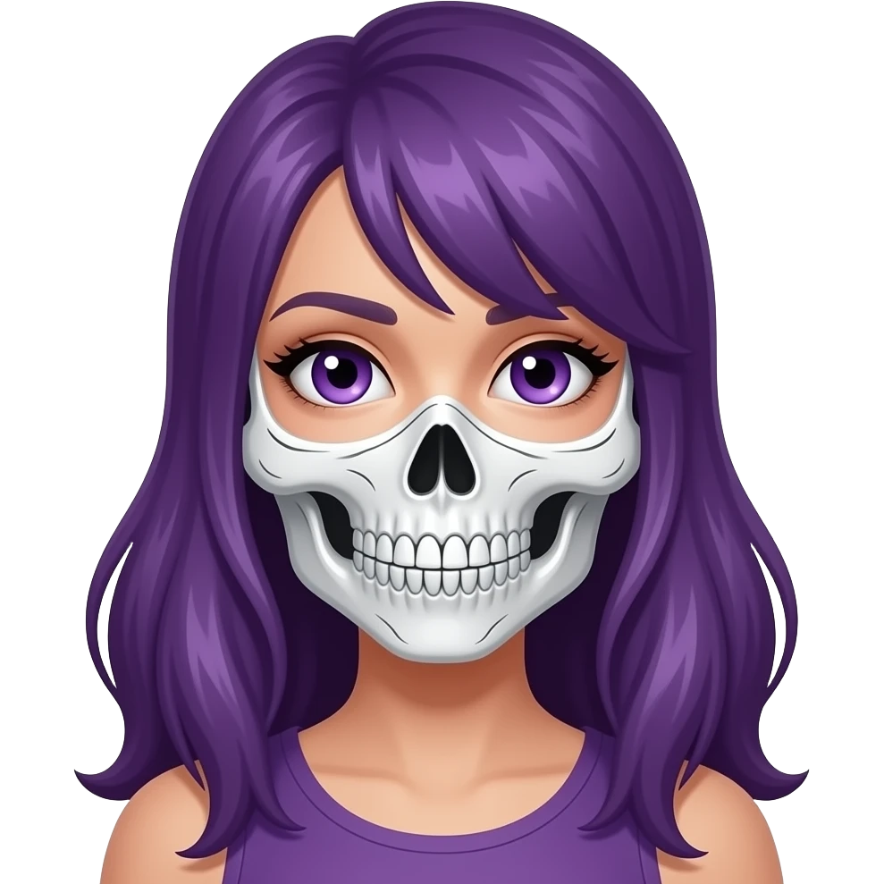 sexy girl with long purple hair and purple eyes wears a skullmask emoji
