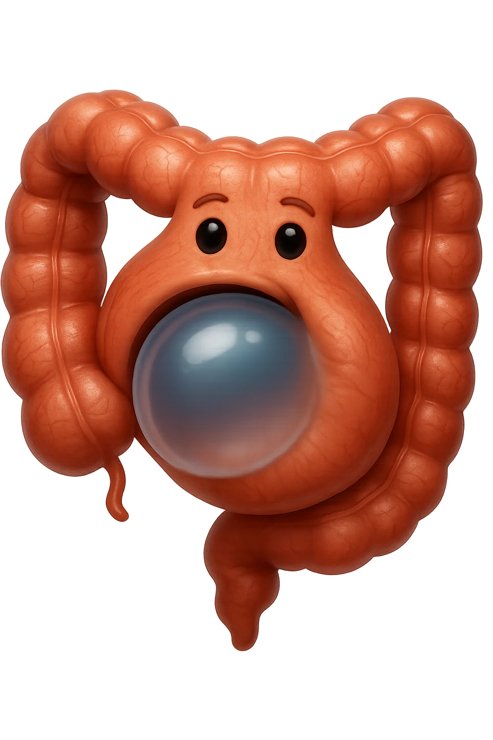 emoji stile iphone di un intestino che ingoia una nuvoletta di aria ben visibile e gli si gonfia la pancia, non fargli il naso, iperrealistico 4k emoji