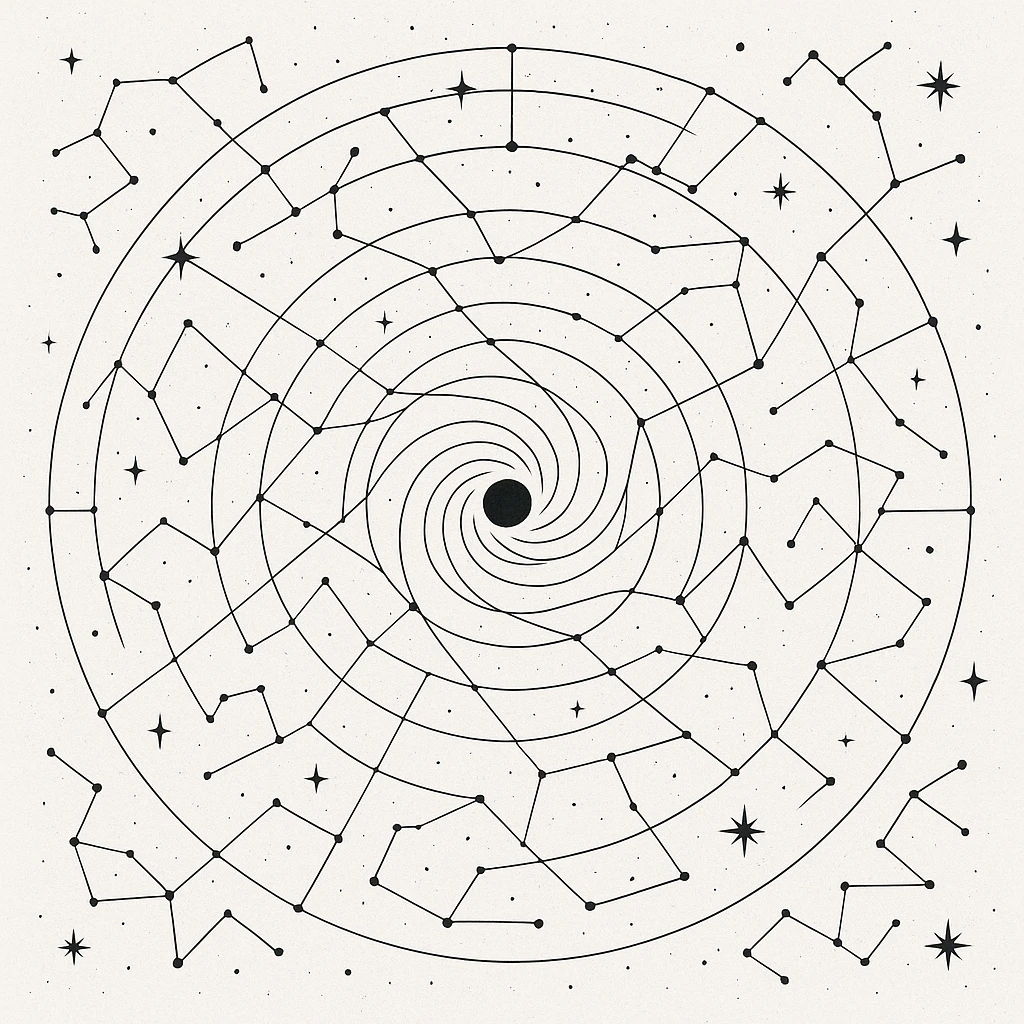 a design for an decorative black and white star map, showing linework of galactic spheres and a constellated ley lines. matrix map. black linework. neat and minimal design, showing expanse and hazards deep into space beyond the galactic core, large tattoo design

 emoji