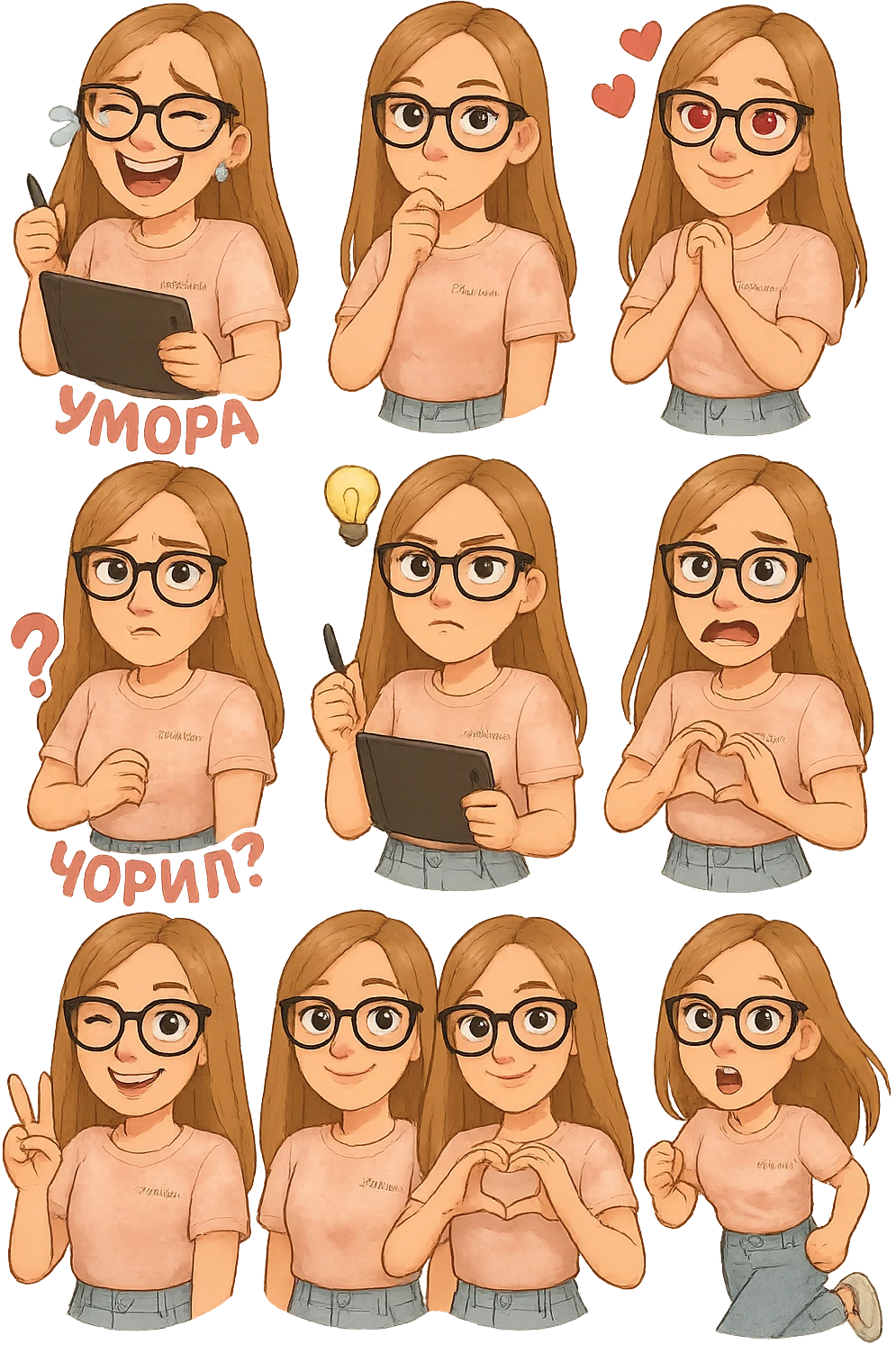 «Создай набор из 12 наклеек в стиле 3D cartoon  женского персонажа (30 лет выглядит моложе)  с прямыми светло русыми волосами ниже лопаток, светлой кожей, большими выразительными голубыми глазами, черные очки для зрения формы кошачий глаз, нос чуть с горбинкой.
Персонаж должен носить пастельную розово-бежевую тай дай футболку с вышивкой @ByUnicorn, голубые джинсы фасона мом, персонаж должен иметь разные выражения: смех до слез и подпись внизу пастельно-розовым текстом УМОРА, задумчивость, влюбленность (с сердцами вокруг головы), злость с паром из носа и подписью внизу пастельно розовым текстом ТИЛЬТ, растерянность (со знаком вопроса) и подпись пастельно-розовым текстом ЧОРИЛ?, наличие идеи (с зажженной лампочкой), плач со слезами из глаз, удивление с открытым ртом и подписью пастельно розовым текстом ОКАК, улыбка и  подмигивание, знак мира рукой, создание сердца руками, бегство со всех ног. Размер картинки не ограниченный, чтобы все наклейки вместились без обрезки. Стиль мультяшный  DreamWorks, мягкий свет, прозрачный фон, и добавь персонажу в руки графический планшет следи чтобы выглядело органично, красиво, не нарушая законы природы и физики, можешь добавить в другую руку перо от графического планшета, если это будет позволять смысл стикера» emoji