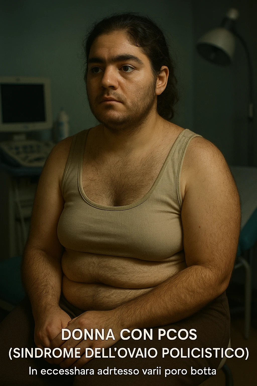 vertical realistic cinematic illustration of a woman with PCOS (polycystic ovary syndrome), visible excess hair on face, arms, and body, clinical atmosphere, dramatic lighting, Italian captions, aspect ratio 2:3 emoji