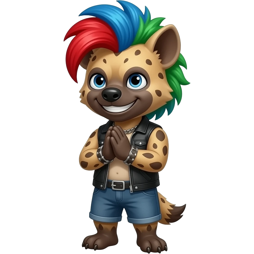 hyène punk cheveux rouge bleu vert qui prie avec le sourire emoji