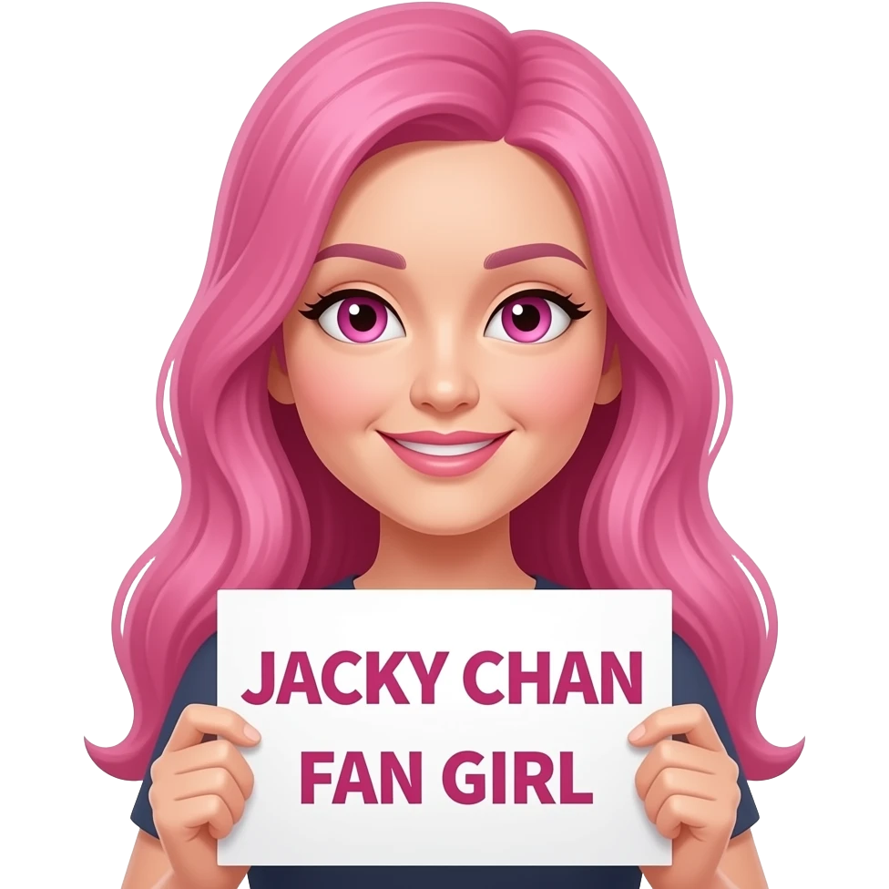 sexy girl with long pink hair and pink eyes holding JACKY CHAN FAN GIRL sign emoji