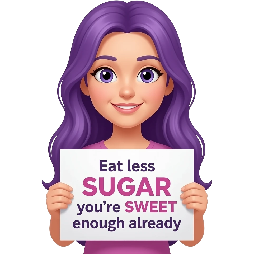 girl with long purple hair holding a Eat less SUGAR you're SWEET enough already sign emoji
