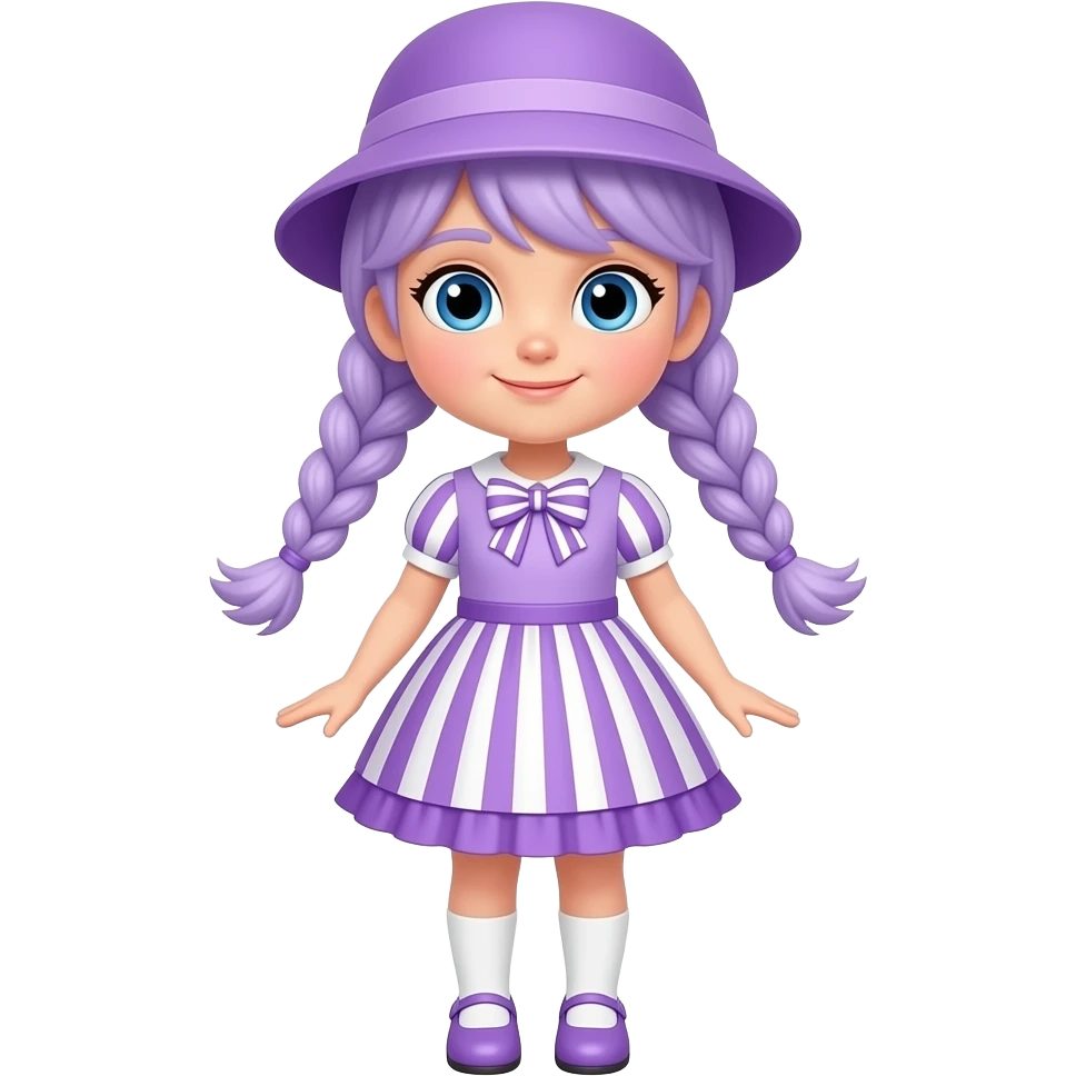 A girl with pale purple hair tied in two braids, and blue eyes and wearing a pale purple dress with pale purple and white striped short sleeves, a pale purple and white striped skirt with a pale purple frill, a pale purple and white striped bow, a pale purple hat, white socks and pale purple shoes. emoji